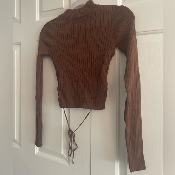 Rib Knit Sweater Open Back Medium Tie Back Turtleneck - Picture 2 of 7